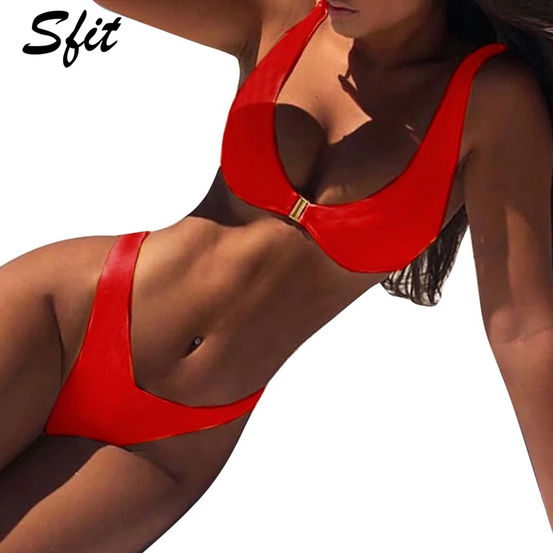

Sfit 2019 Women's Summer Sexy Bikini Set Adjustable Straps O-Neck Solid Color Metal Front Buckle Low Neckline Bathing Suit