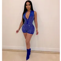 6 Color Zipper Rompers Womens Diamond Jumpsuit Sexy Lady V Neck Sleeveless Bodycon Bling Jumpsuit Bodysuit Slim Short Romper