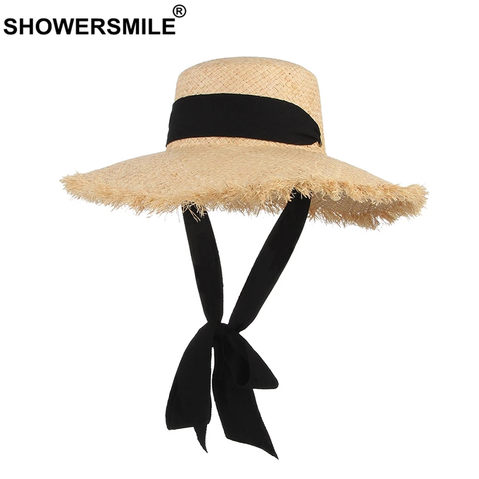 

SHOWERSMILE Women Summer Hat Raffia Beach Hat Female Handmade Sun Protection Large Brim 12cm Retro Black Ribbon Ladies Straw Hat
