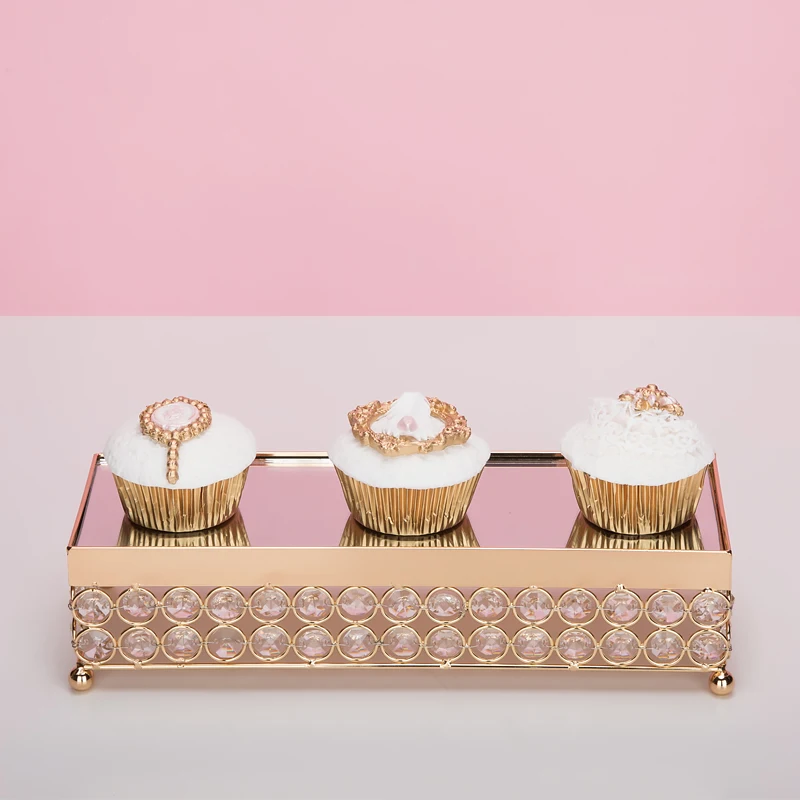 Золотой прямоугольный поднос для торта, Хрустальная тарелка для кекса, свадебные аксессуары для торта, вечерние украшения, инструменты для десерта