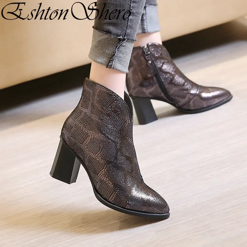 

EshtonShero Women Ankle Boots Shoes Woman Sheepskin Leather+ PU Zipper Pointed Toe High Heel Ladies Wedding Boot Size 34-42