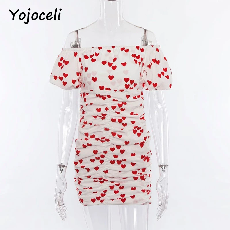 Yojoceli, милое платье с открытыми плечами и принтом в виде красного сердца, женское, сексуальное, облегающее, мини, вечерние, для клуба, платье с пышными рукавами, vestidos, женское платье - Цвет: Белый