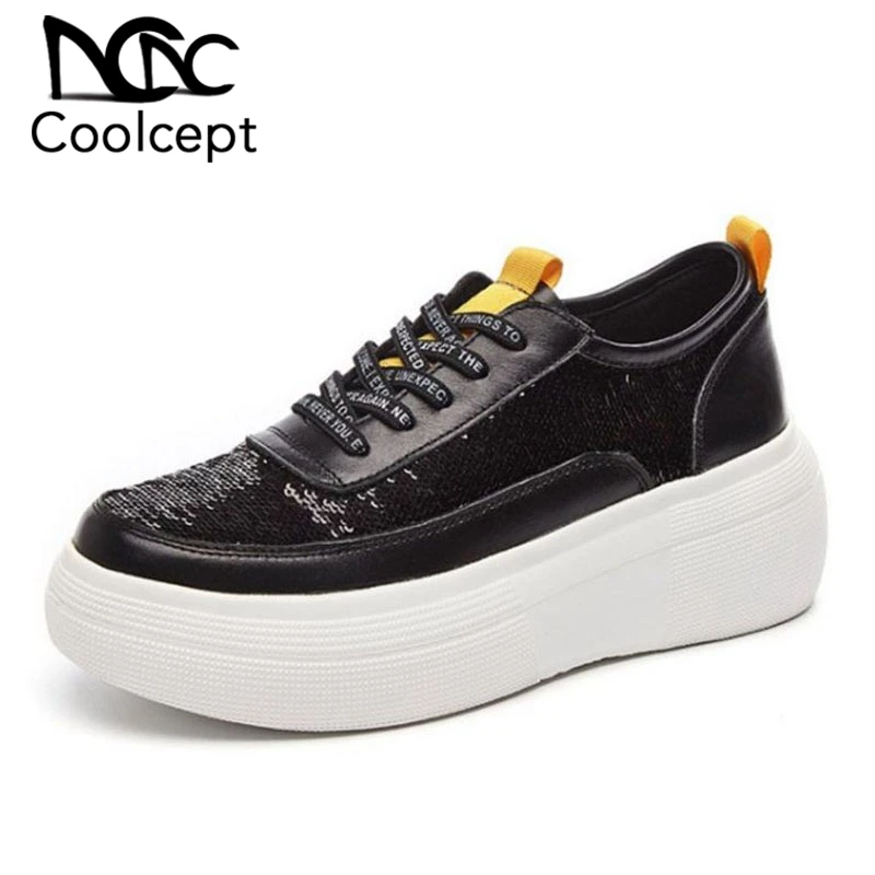 

Coolcept New Designer Genuine Leather Women Vulcanized Shoes Thick Bottom Platform Lace Up Leisure Shoes Women Size 35-39