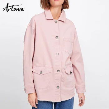 

Artsnie pink casual denim women jackets spring 2019 turn down collar double pockets streetwear jeans coat jacket chaquetas Mujer