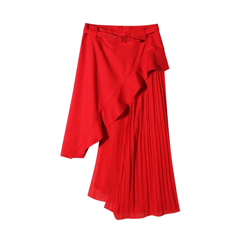 [MENKAY] юбка с поясом для Для женщин с высокой талией, из лоскутов оборками плиссированные нерегулярные длинный юбки для сезон: весна-лето Мода ПР костюмы Костюмы