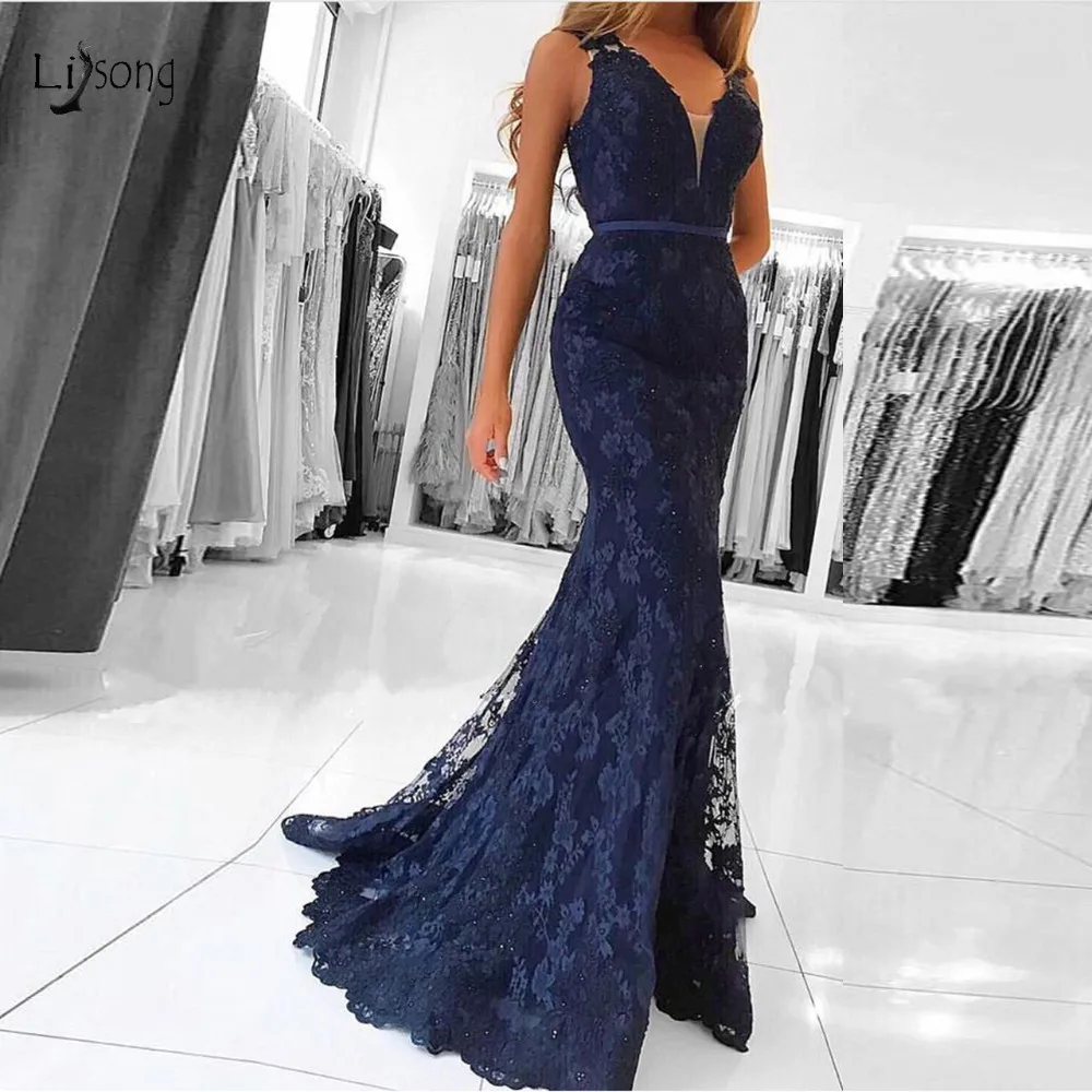 Элегантное темно-синее кружевное вечернее платье русалки, сексуальное длинное вечернее платье с открытой спиной и v-образным вырезом, вечерние платья Robe De Soiree