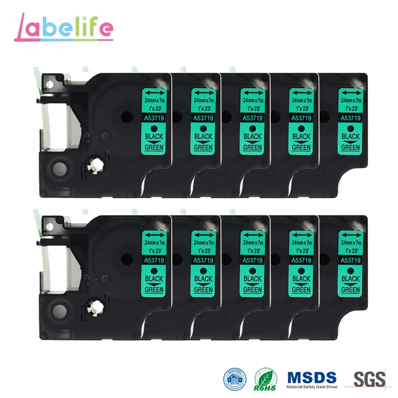 Labelife 10 упак. 24 мм 53719 черный на зеленый D1 Клейкие ленты Gloss s0720990 для DYMO чтобы