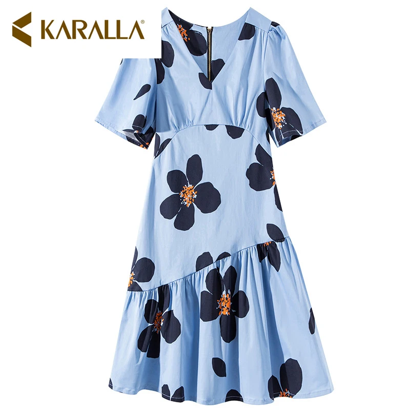 

Fashion Cotton V-Neck Party Knee-Length Dress Women Slim Waist Irregular Ruffle Color Patch Work Elegant Dress LO194