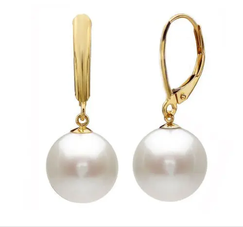 

free shipping A pair of natural AAA 10-11MM Australian south sea white pearl earrings 14k/20 Gold