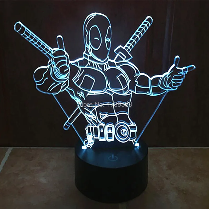 Free Ship 7 Color Changing Hero Deadpool 3D LED Night Light USB LED Decorative LED Table Lamp Color