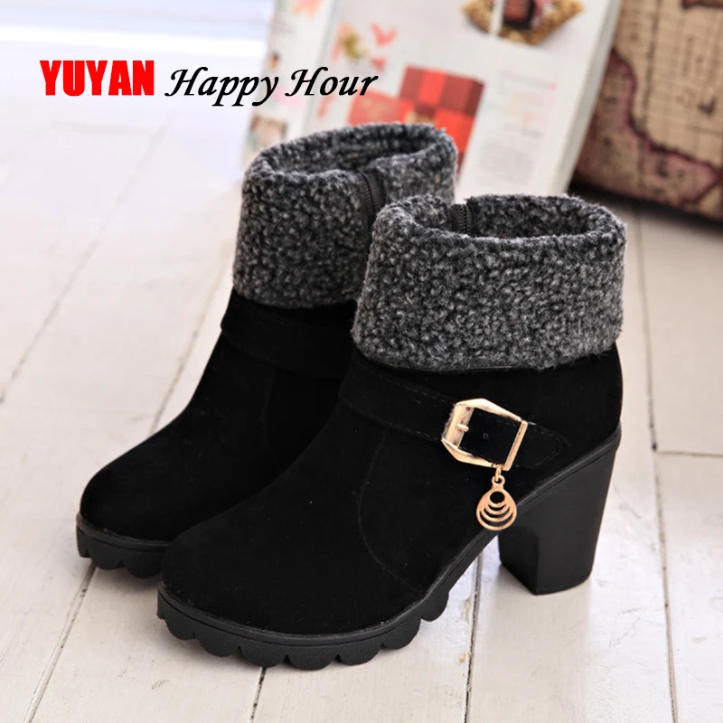 

2019 Super High Heels Boots Warm Plush Square Heels Winter Shoes Women's Boots Fashion Ladies Brand Ankle Snow Boots YX056