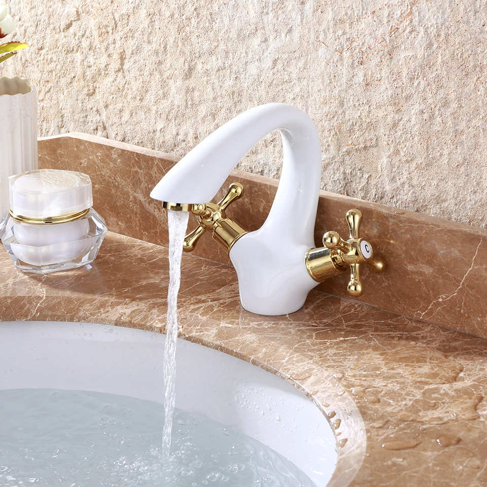 Buy Baked White Paint Dual Handle Brass Faucet Restroom Wash Basin Faucet Mixer