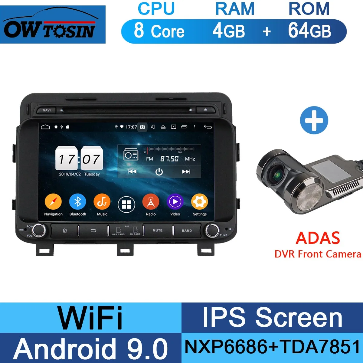 " ips 1920*1080 8 ядерный 4 Гб ram+ 64 Гб rom Android 9,0 автомобильный dvd-плеер для Kia OPTIMA K5 DSP радио gps Parrot BT Adas - Цвет: 64G Adas Camera