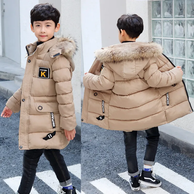Коллекция года, детская одежда зимнее пальто для мальчиков Длинная утепленная хлопковая куртка для детей возрастом от 4 до 15 лет Высококачественная хлопковая стеганая одежда - Цвет: beige