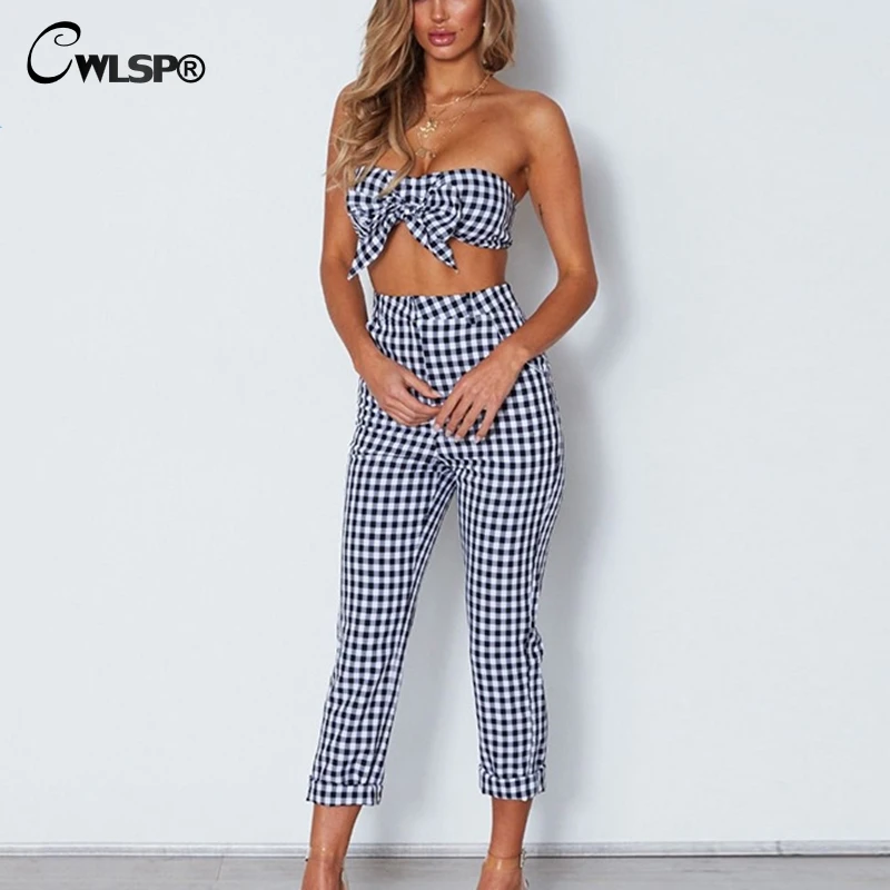 

CWLSP Plaid Bowknot 2 pieces set Women High Waist Two piece outfits Cropped and Pants Women's suit Casual Female Set QL4038