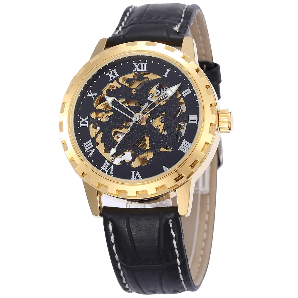 

SHENHUA Hollow Engraving Skeleton Wristwatch Casual Designer Black Golden Case Gear Bezel Men Luxury Automatic Watches Gift