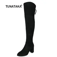 Удобные высокие сапоги до бедра из искусственной замши на толстом каблуке женские ботфорты зимняя женская модная обувь черная, серая обувь на шнуровке сзади