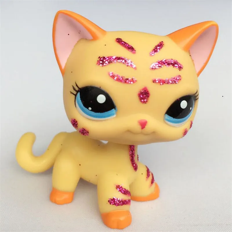 lps pet shop CAT Short Hair 2118 Yellow Kitten With Blue Eyes Purple Glitter Sparkle Standing