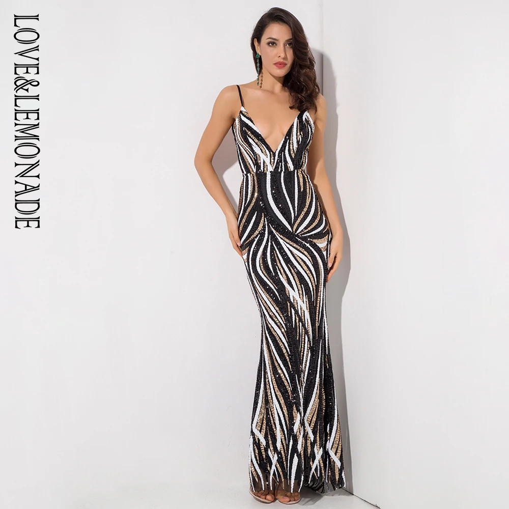 

Love&Lemonade Deep V Neck Open Back Stripe Sequins Long Dress LM1420