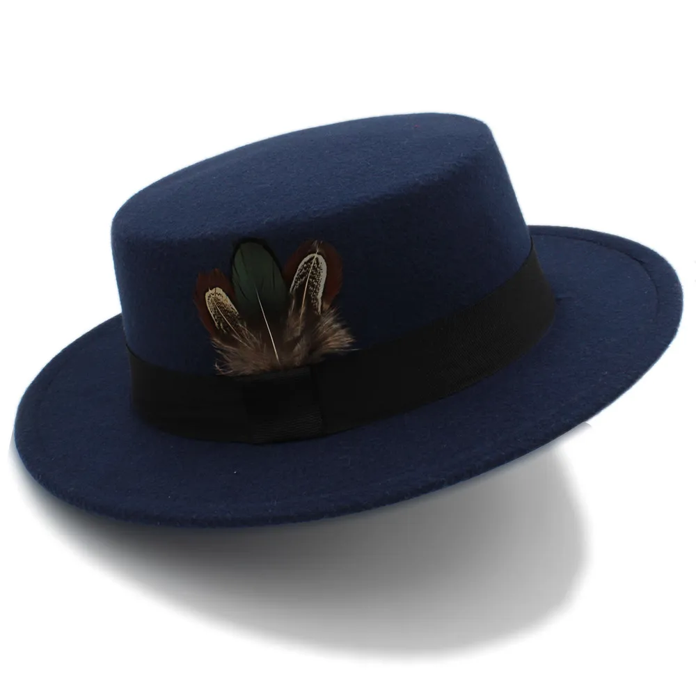 

Winter Autumn Women Flat Fedora Hat for Elegant Lady Wool Pork Pie Boater Sombrero Mujer Hat with Feather Fascinator Hats