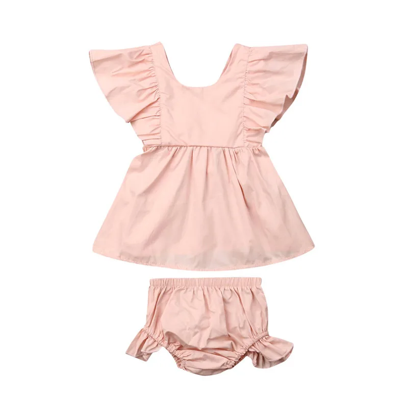 

Newborn Toddler Baby Girl free shipping clothes backless pullover round neck sleeveless Tops Ruffle solid Shorts 2pc kids outfit