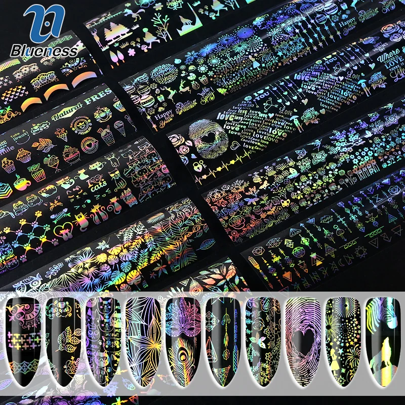 

Blueness 10Rolls/Bottle Holographic Laser Nails Transfer Foil Stickers Mix Pattern Manicure DIY Nail Art Decorations Decals DIY