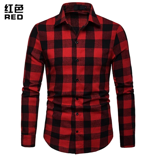Красно-черная клетчатая рубашка для мужчин, весна, новинка, приталенная рубашка с длинным рукавом, мужская повседневная рубашка на пуговицах, рубашки, Chemise Homme - Цвет: Red