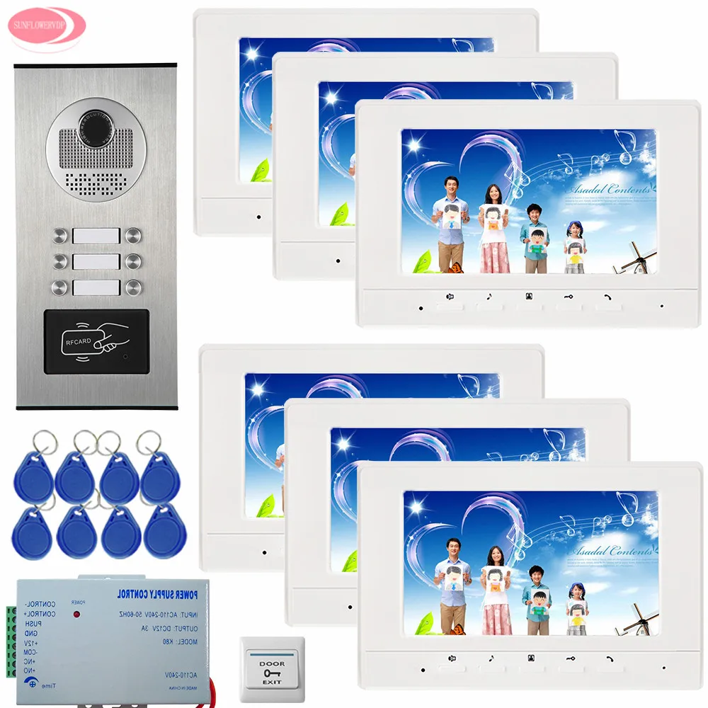 

7-inch Screen Video Doorphone Intercom 6 Monitors + RFID Access Door Camera for 6 Apartmen Residential Security Video Door Bell