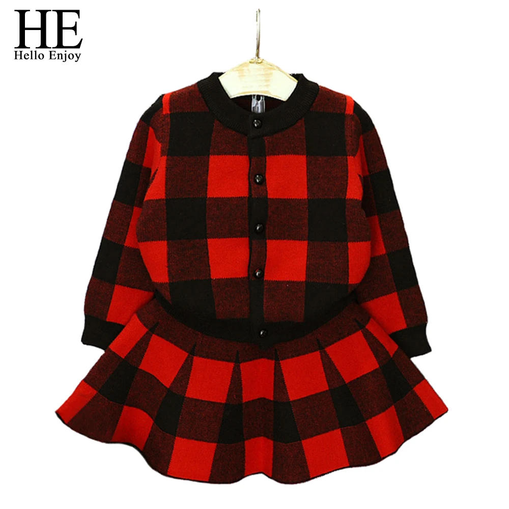 

HE Hello Enjoy Autumn Winter Girls Clothes Sets Long Sleeve Plaid Knitted Sweaters Jacket Coat+Skirt Kids Warm Clothing Fashion