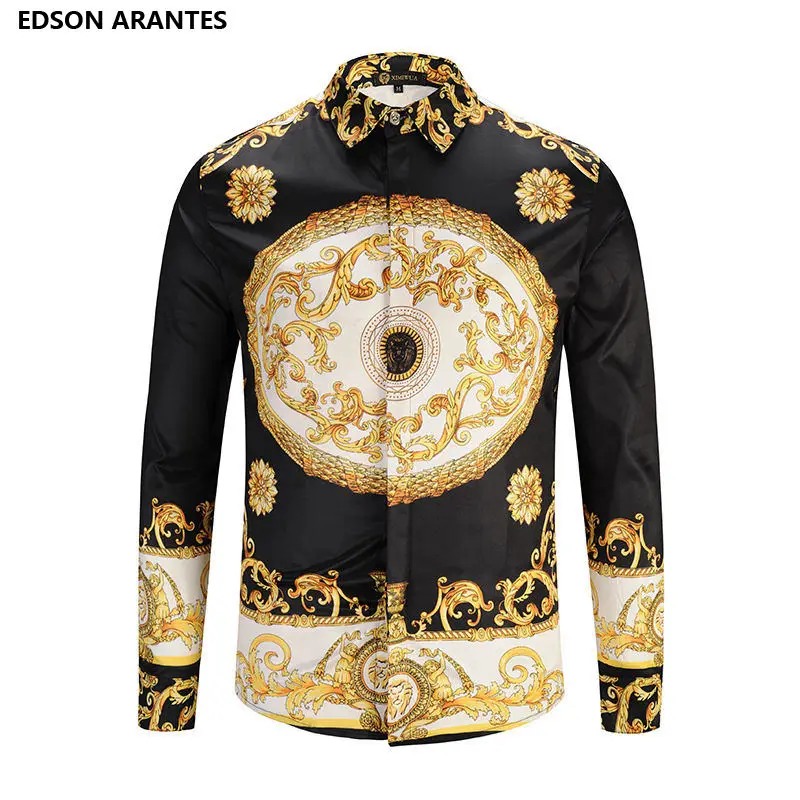 EDSON ARANTES Fashion Male Shirt Vintage Baroque Palace Gold Flower Shirt Long Sleeve Korean Casual Slim Fit Luxury Men Shirts (1)