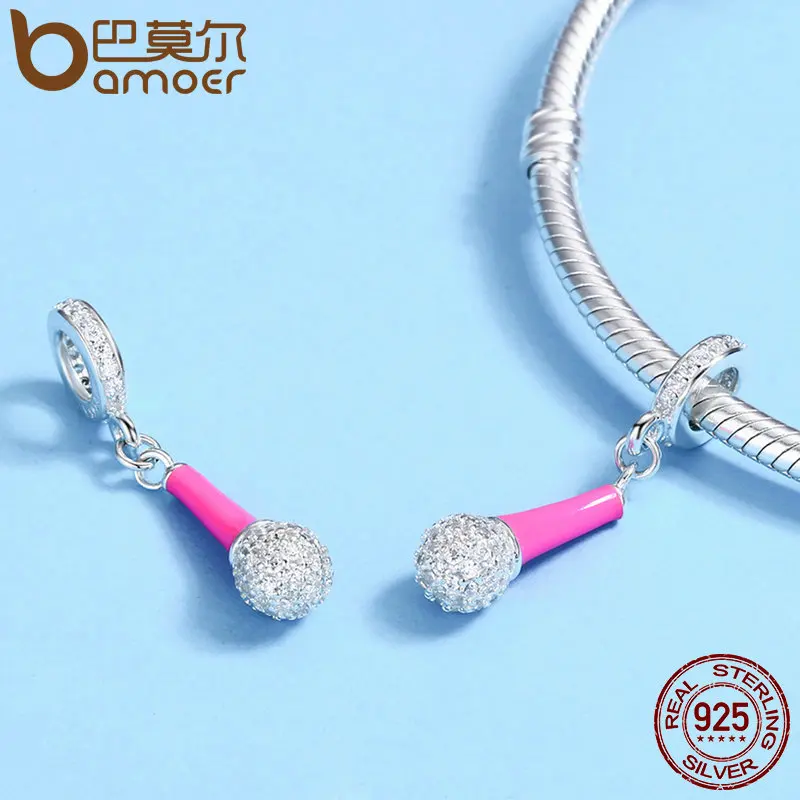 BAMOER Genuine 925 Sterling Silver I Love Singing Microphone Clear CZ Pendant Charm fit Women Bracelet DIY Beads Jewelry SCC440