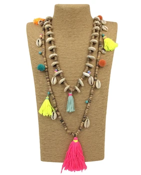 

New Bohemia Boho ball charm beaded Necklaces Pink tassel pendants layered long necklace Multi Layers statement Necklaces