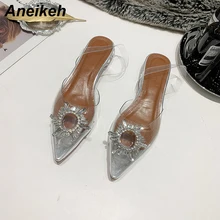 Aneikeh/Новинка года; пикантные женские босоножки; прозрачные босоножки на высоком каблуке из ПВХ; острый носок; Хрустальный цветок со стразами; женская обувь на каблуке