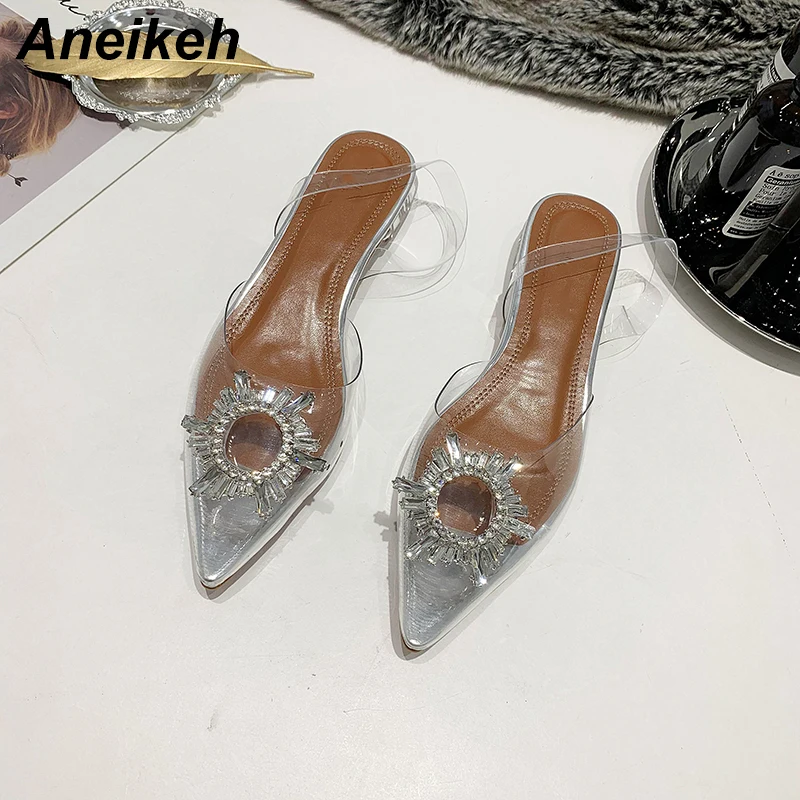 

Aneikeh NEW 2019 Sexy Women Sandals PVC Transparent High Heels Sandals Pointed Toe Rhinestone Crystal Flower Heel Lady Shoes