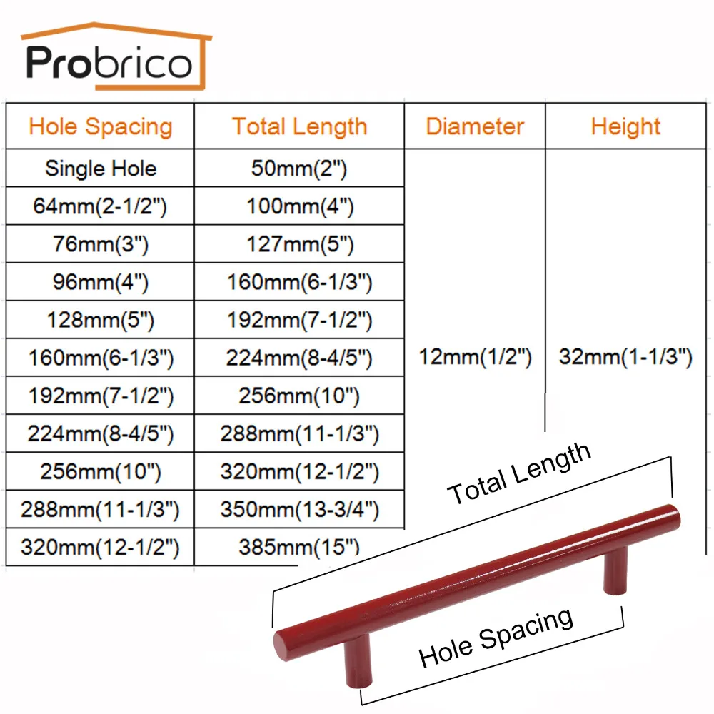 Probrico 15 шт. из нержавеющей стали красный диаметр 12 мм Отверстие центр 50 мм~ 256 мм кухонная дверная ручка для шкафа для мебели ручка для ящика Потяните