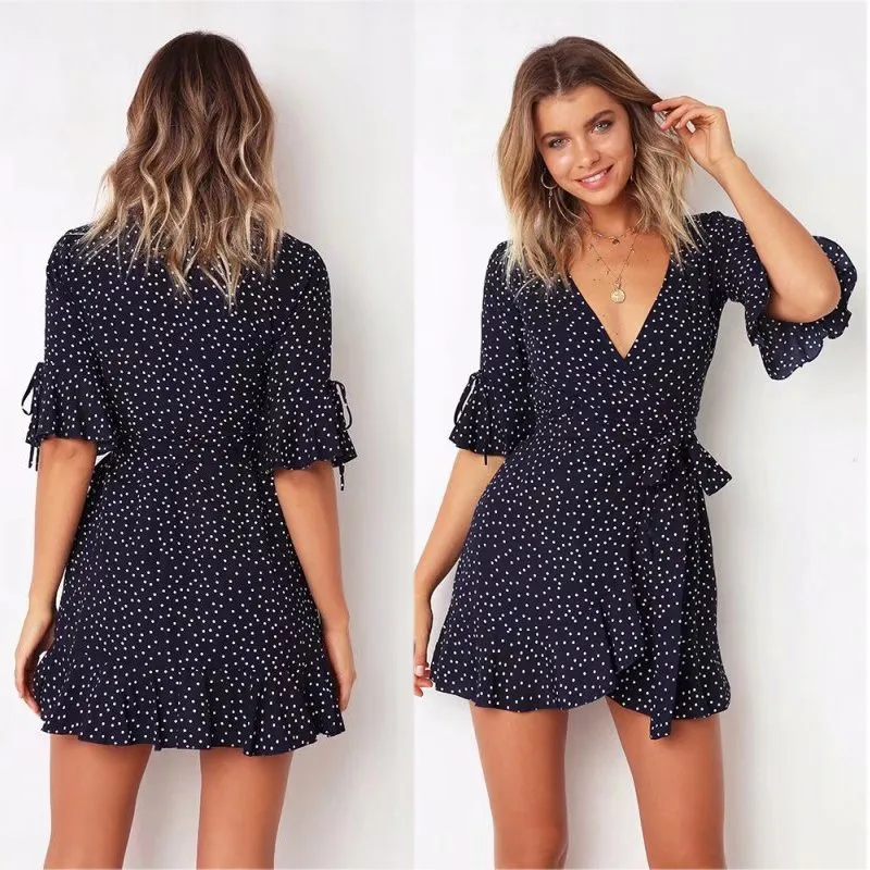 yinlinhe Red Polka Dot Summer Dress Short Sleeve V neck Sexy Wrap Dress Women Slim Waist Elegant Boho Ruffles Vestidos   3
