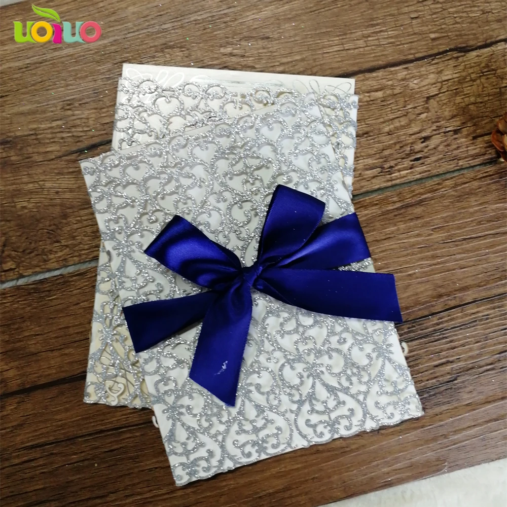 Модная Серебристая блестящая бумага оптом кружевная Свадебная пригласительная карта, лазерная резка, для свадьбы карты