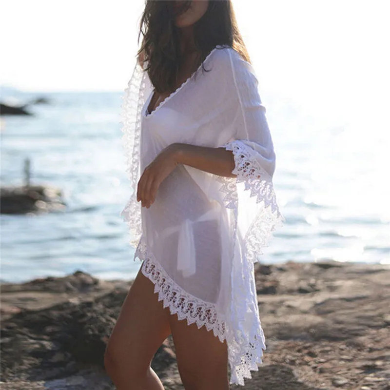 

New Chiffon White Beachwear Sexy Swimwear Women Bikini Lace Sunscreen Cover Ups swimming suits Kaftan dropshipping