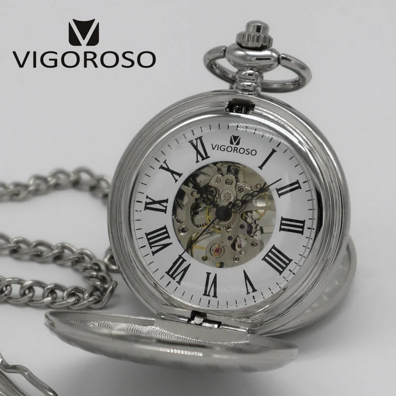 VIGOROSO, серебристые, стальные, двойные, охотничьи, механические, карманные часы, с ручным заводом, скелет, серебро, брелок, цепь, часы, подарки для мужчин и женщин