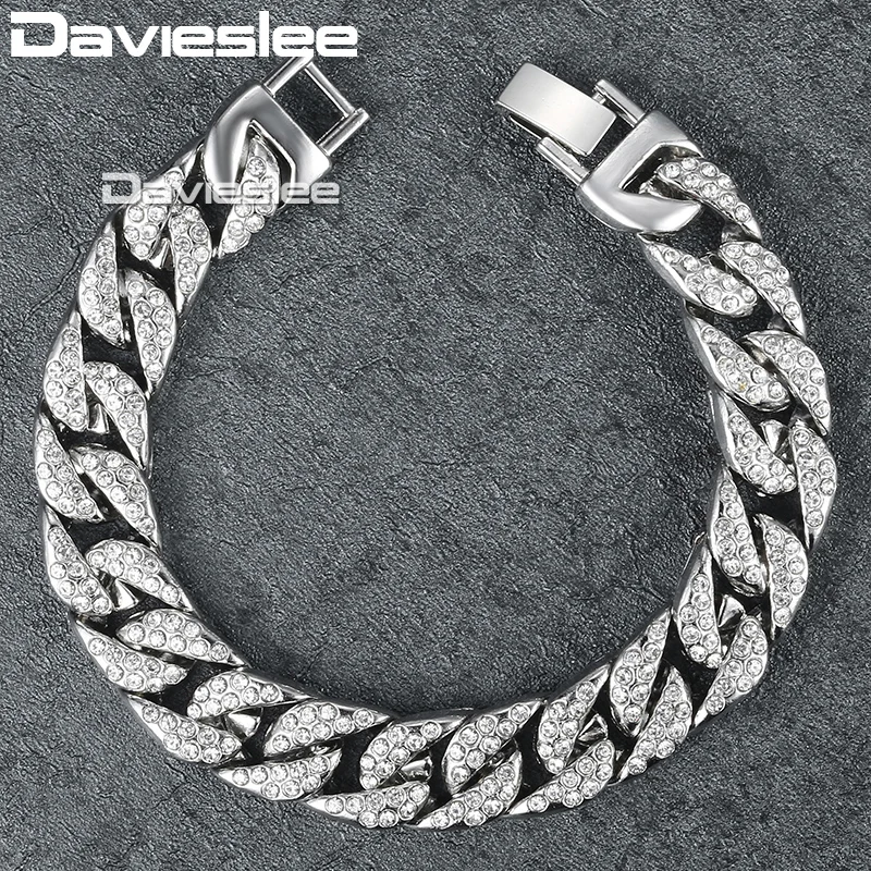 Davieslee 14 мм 20 см мужской браслет для женщин ювелирные изделия Iced Out Снаряженная кубинская цепь Желтое золото Заполненные проложили Стразы GB403