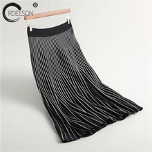 ORDEESON шерстяная длинная юбка с высокой талией женские плиссированные юбки в полоску свитера джемпер осень Модный черный вязаный свитер корейский