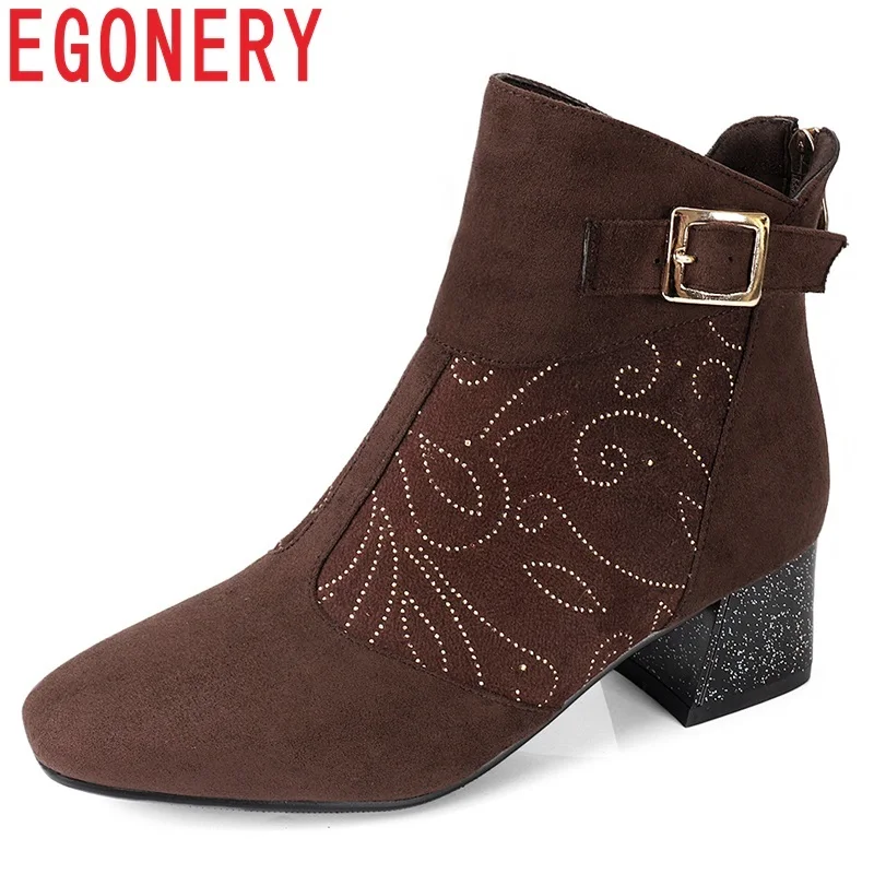 EGONERY 2018 new concise casual flock square toe zipper buckle med square heel winter outside warm black and brown ankle boots