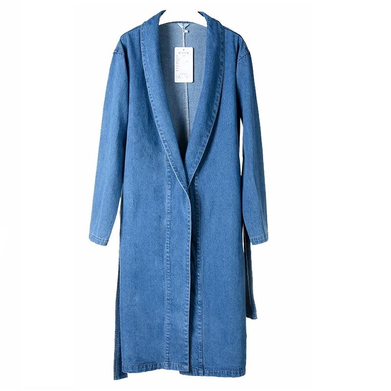2017 Spring Autumn Women Maxi Denim Trench Coat with belt High street