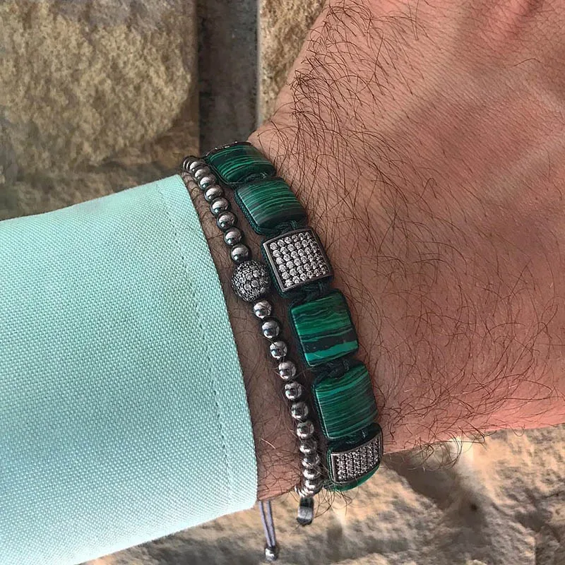 

Customize Jewelry Green Malachite Square Bracelets Fashion Street Taste Zircon Bracelets For Mens & Womens Pulseras Masculina