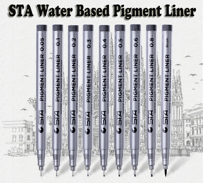 STA черные водяные чернила пигмент лайнер шт. 9 шт. микрон Fineliner 0,05 ультра-тонкий крючок игла ручка щетка каллиграфия водостойкий маркер