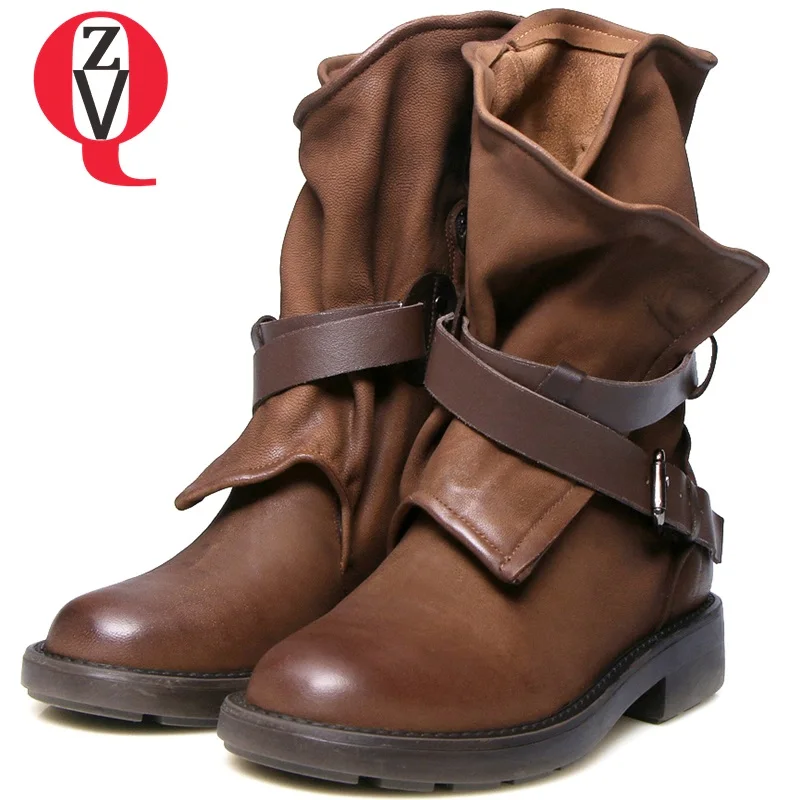 

ZVQ Brand Sheepskin Lady's Western Martin boots Genuine Leather Short Plush Buckle black brown low heel flat with woman shoes
