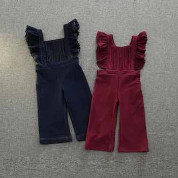 

Cute Girls Ruffles Denim Overalls Suspend Pants Vintage Red and Blue Color Sweet Spring Fall Casual Pants
