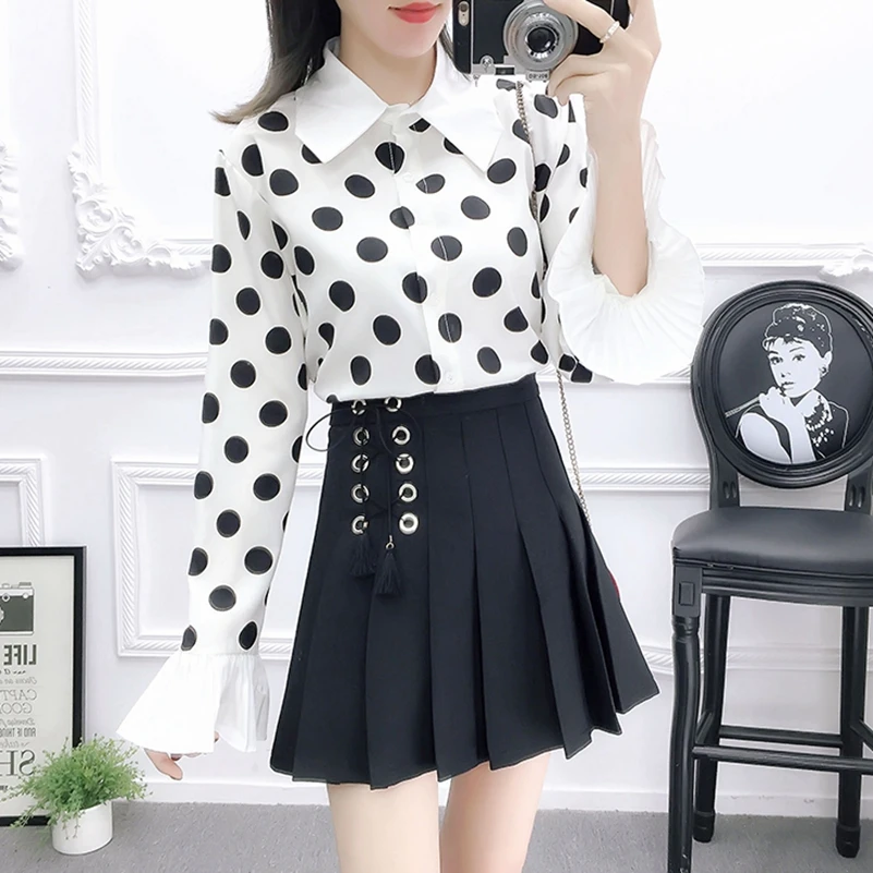 Nouvelle La Rouge Gratuite Sexemara noir Mode Plissée pièce Costume Deux Shirt Trompette Polka Manches Dot Livraison Jupe wBwZq