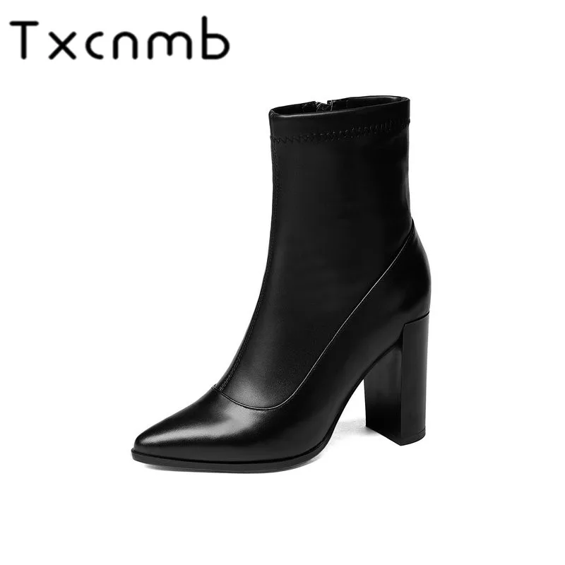 

TXCNMB 2019 Boots Women Ankle Boots High Heels Autumn Winter Genuine Leather Boots Platforms Black Shoes Woman Size 40