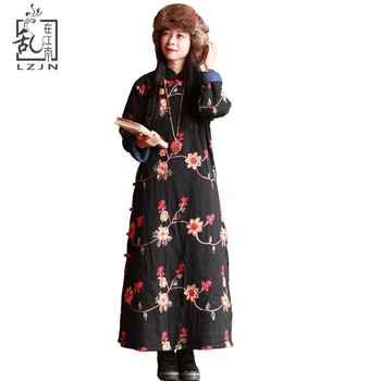 

LZJN Women Floral Cotton Padded Long Dresses Full Sleeve Embroidery Flowers Thicken Warm Autumn Winter Dress One Piece Robe 1898